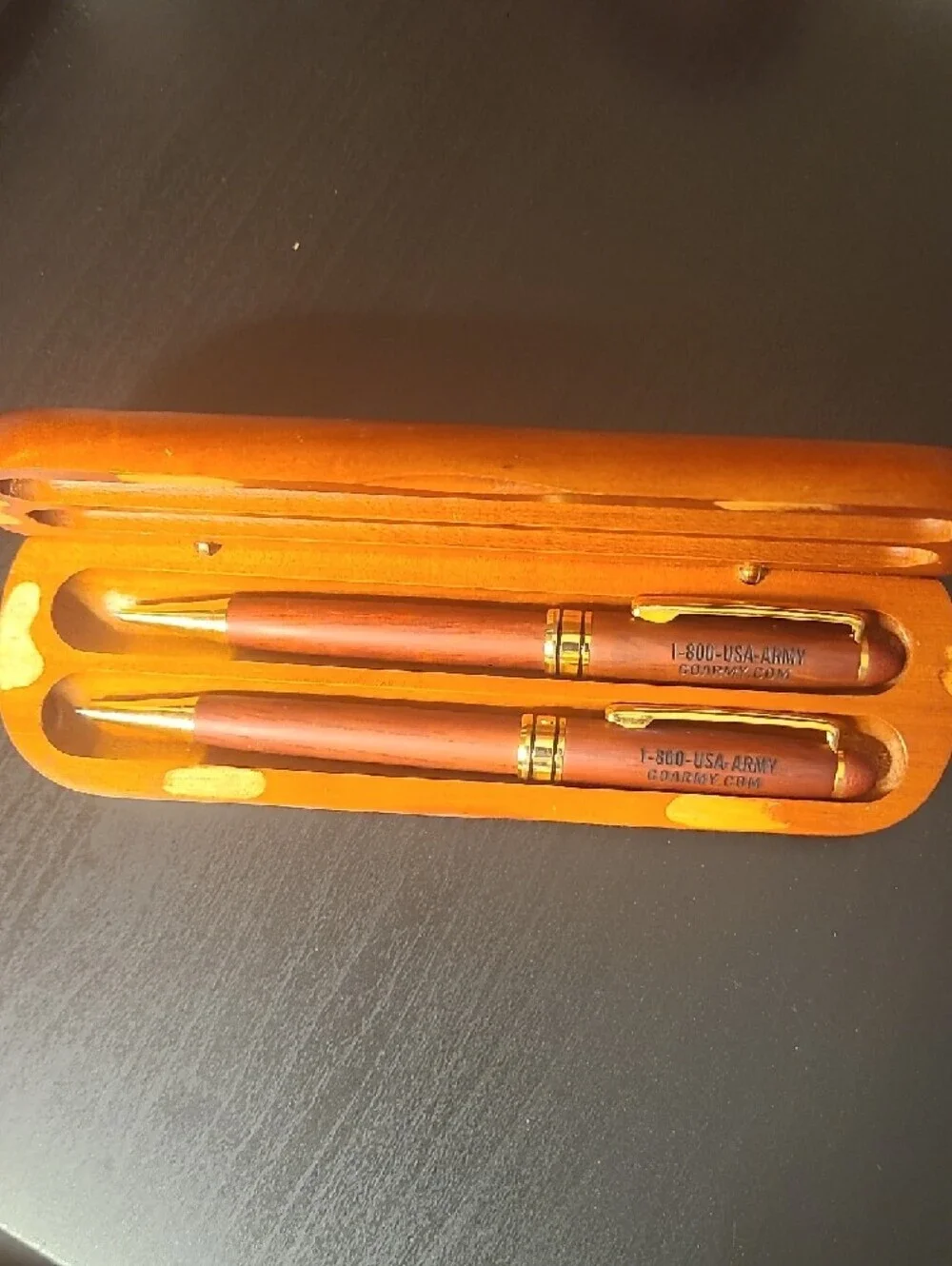 U.S. Army Orange Wood Set Pen and Pencil  With Black Logo Case.